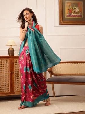 Pink Floral Digital Print Crepe Saree 4