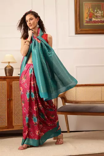 Pink Floral Digital Print Crepe Saree