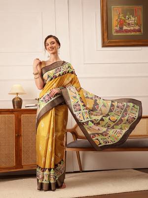 Yellow Warli Digital Print Kotha Silk Blend Saree 2