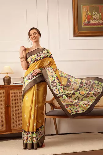 Yellow Warli Digital Print Kotha Silk Blend Saree