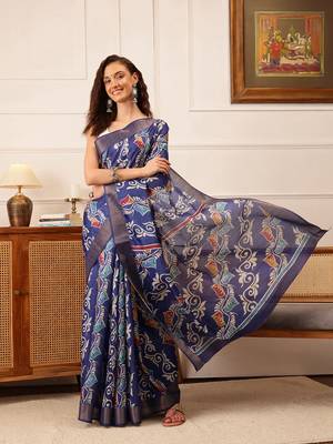 Blue Floral Digital Print Kotha Silk Blend Saree 2