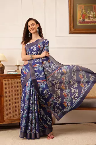 Blue Floral Digital Print Kotha Silk Blend Saree