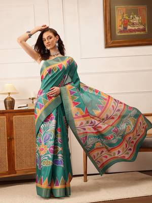 Teal Floral Digital Print Kotha Silk Blend Saree 2