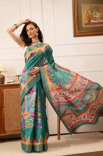 Teal Floral Digital Print Kotha Silk Blend Saree
