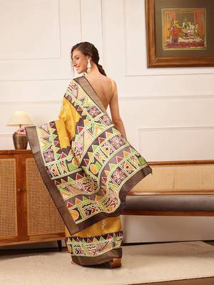 Yellow Warli Digital Print Kotha Silk Blend Saree 3