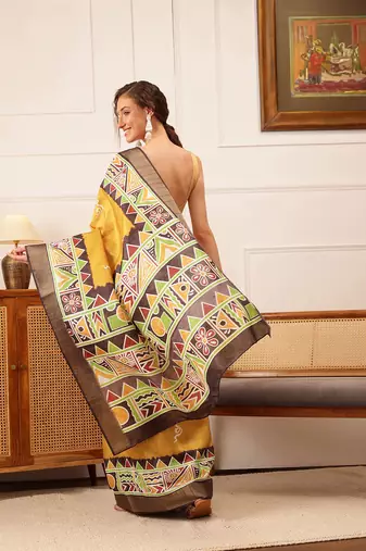 Yellow Warli Digital Print Kotha Silk Blend Saree