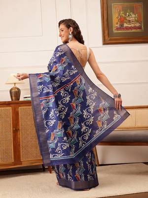 Blue Floral Digital Print Kotha Silk Blend Saree 3