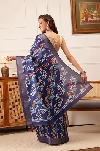 Blue Floral Digital Print Kotha Silk Blend Saree