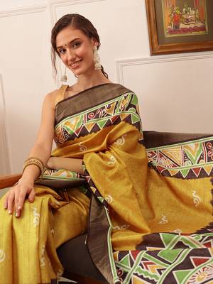 Yellow Warli Digital Print Kotha Silk Blend Saree 4