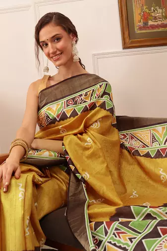 Yellow Warli Digital Print Kotha Silk Blend Saree