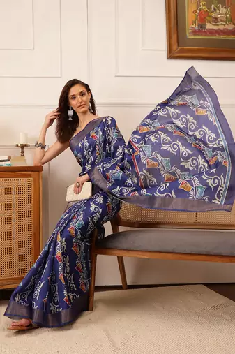 Blue Floral Digital Print Kotha Silk Blend Saree