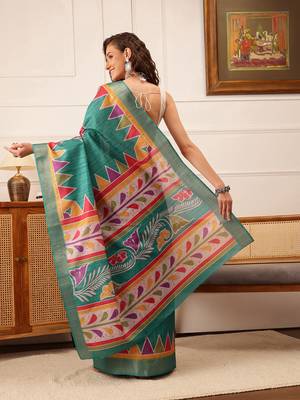 Teal Floral Digital Print Kotha Silk Blend Saree 3