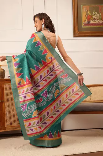 Teal Floral Digital Print Kotha Silk Blend Saree