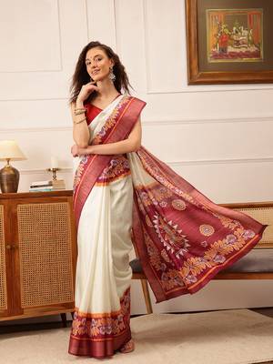 Off White Floral Digital Print Kotha Silk Blend Saree 1