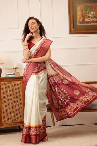 Off White Floral Digital Print Kotha Silk Blend Saree