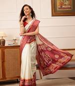 Off White Floral Digital Print Kotha Silk Blend Saree