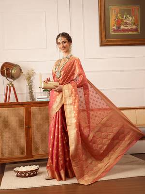 Pink Floral Zari Woven Tissue Saree 1
