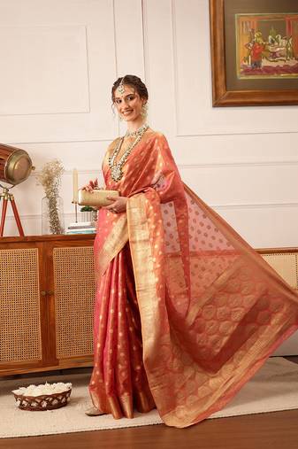Pink Floral Zari Woven Tissue Saree
