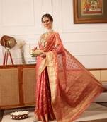 Pink Floral Zari Woven Tissue Saree