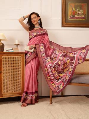 Pink Floral Digital Print Kotha Silk Blend Saree 1