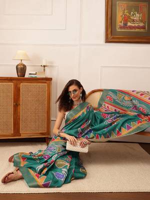 Teal Floral Digital Print Kotha Silk Blend Saree 4