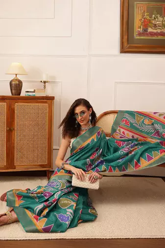 Teal Floral Digital Print Kotha Silk Blend Saree