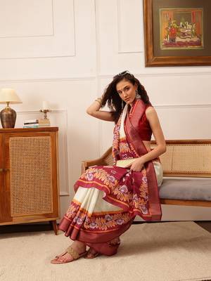 Off White Floral Digital Print Kotha Silk Blend Saree 2