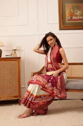 Off White Floral Digital Print Kotha Silk Blend Saree