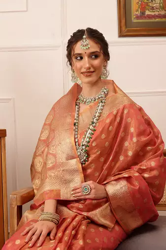 Pink Floral Zari Woven Tissue Saree