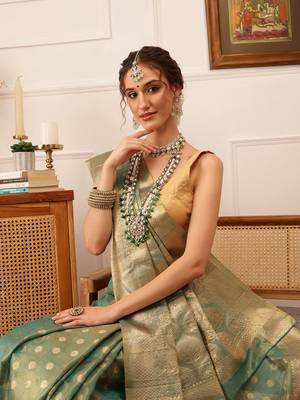 Teal Floral Zari Woven Tissue Saree 1