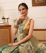 Teal Floral Zari Woven Tissue Saree
