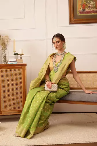 Green Floral Zari Woven Tissue Saree