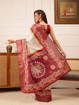 Off White Floral Digital Print Kotha Silk Blend Saree 3