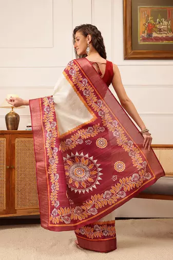 Off White Floral Digital Print Kotha Silk Blend Saree