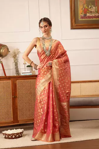 Pink Floral Zari Woven Tissue Saree