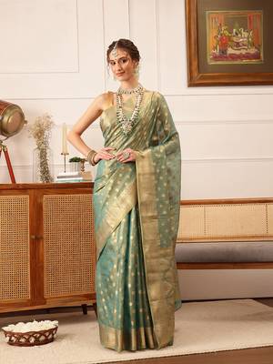 Teal Floral Zari Woven Tissue Saree 2