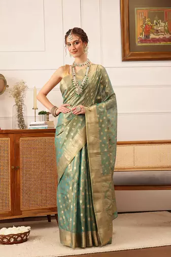 Teal Floral Zari Woven Tissue Saree