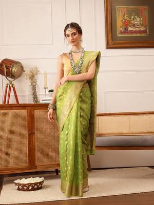 Green Floral Zari Woven Tissue Saree 3