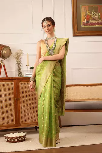 Green Floral Zari Woven Tissue Saree