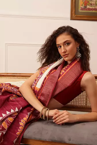 Off White Floral Digital Print Kotha Silk Blend Saree