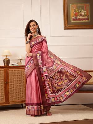 Pink Floral Digital Print Kotha Silk Blend Saree 2