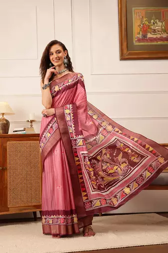Pink Floral Digital Print Kotha Silk Blend Saree