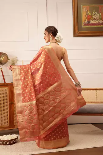 Pink Floral Zari Woven Tissue Saree