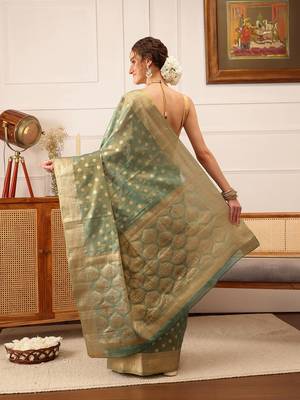 Teal Floral Zari Woven Tissue Saree 3