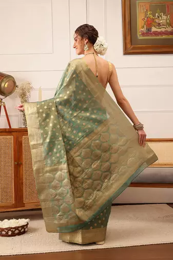 Teal Floral Zari Woven Tissue Saree