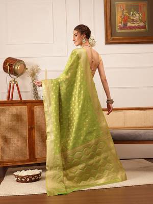 Green Floral Zari Woven Tissue Saree 4