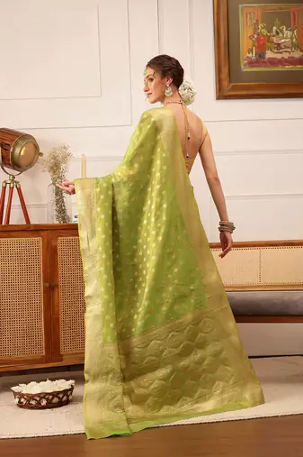 Green Floral Zari Woven Tissue Saree