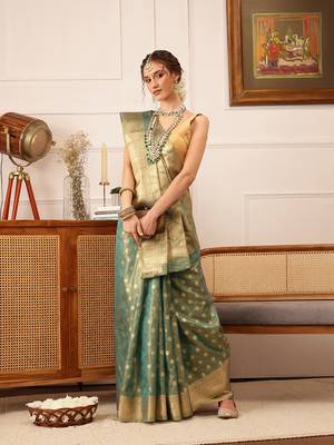 Teal Floral Zari Woven Tissue Saree 4
