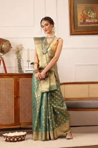 Teal Floral Zari Woven Tissue Saree