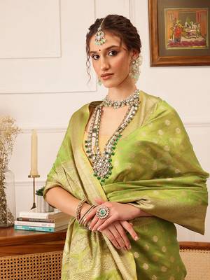 Green Floral Zari Woven Tissue Saree 1